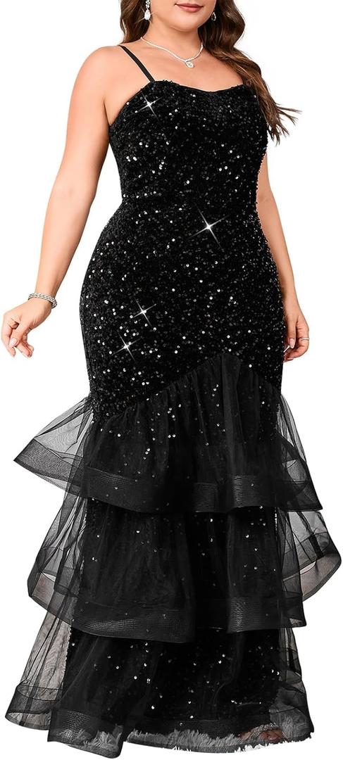 Women Sexy Sleeveless Sequin Mesh Patchwork Maxi Dress Red Plus Size Sling Cocktail Party Formal Gowns (Large, Black)