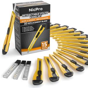 Nicpro 15 PCS Utility Knife Box Cutters Retractable Razor Knife 9mm with 30 PCS Extra Snap Off Blades for Lightweight Office, Home, Arts Crafts, Hobby