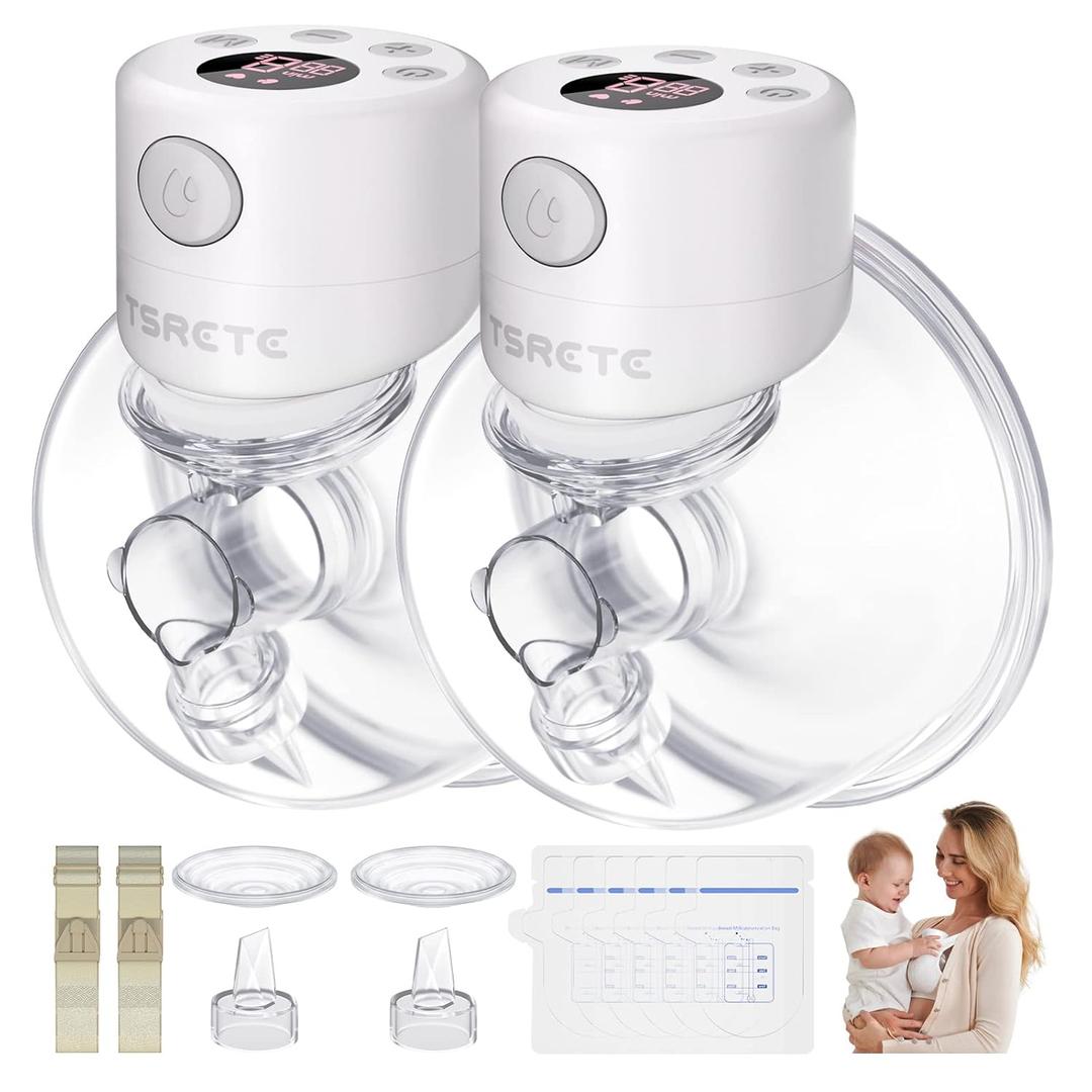TSRETE Breast Pump, Double Wearable Breast Pump, Electric Hands-Free Breast Pumps with 2 Modes, 9 Levels, LCD Display, Memory Function Rechargeable Double Milk Extractor-24mm Flange, White