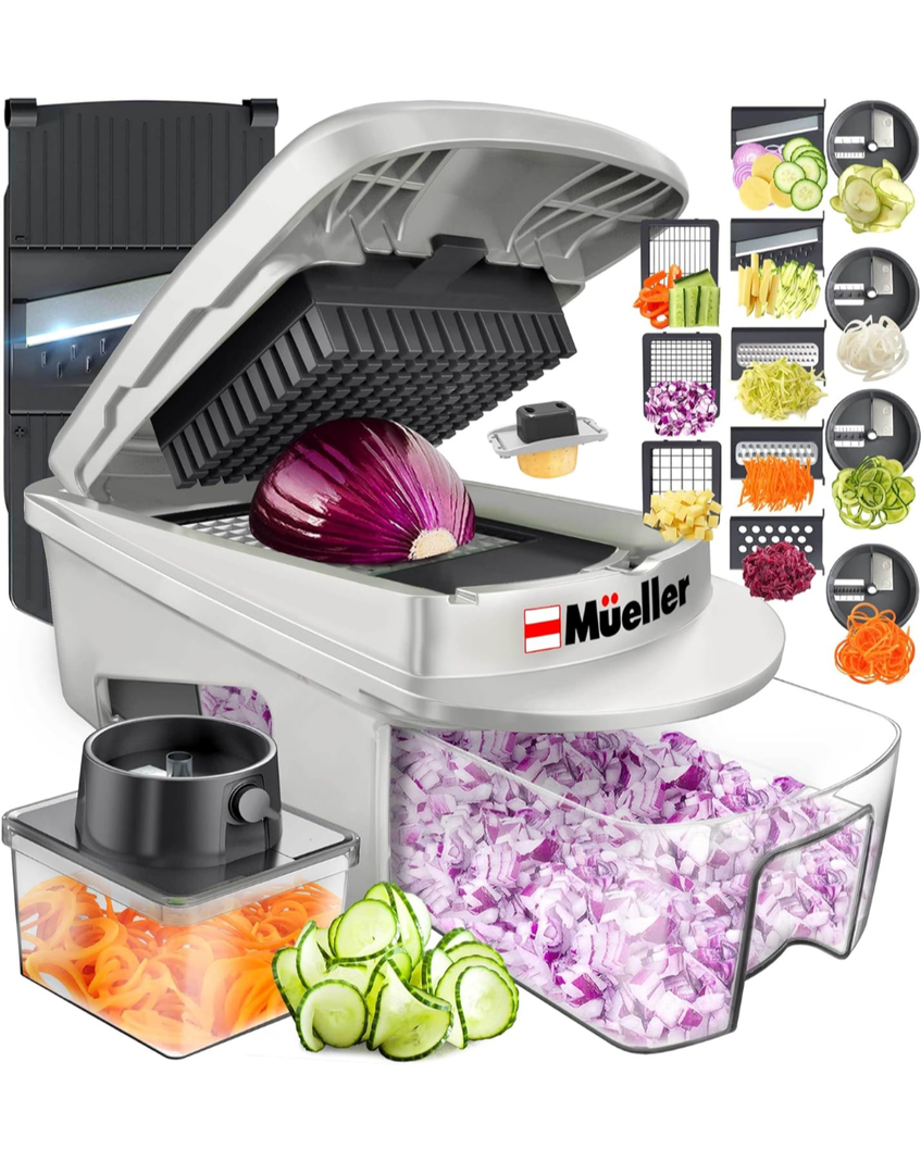 Mueller Pro-Series All-in-One, 12 Blade Mandoline Slicer for Kitchen, Food Chopper, Vegetable Slicer and Spiralizer, Cutter, Dicer, Grater, Kitchen Gadgets Sets with Container, White Sand/Gray