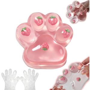 Large Cat Paw Taba Squishy Squeeze Toys 5-inch Strawberry Pink Fufu Squishy with Plastic Gloves Sensory Stress Relief Fidget Toys for Party Favors Sensory Anxiety Toys for Adults (Strawberry)