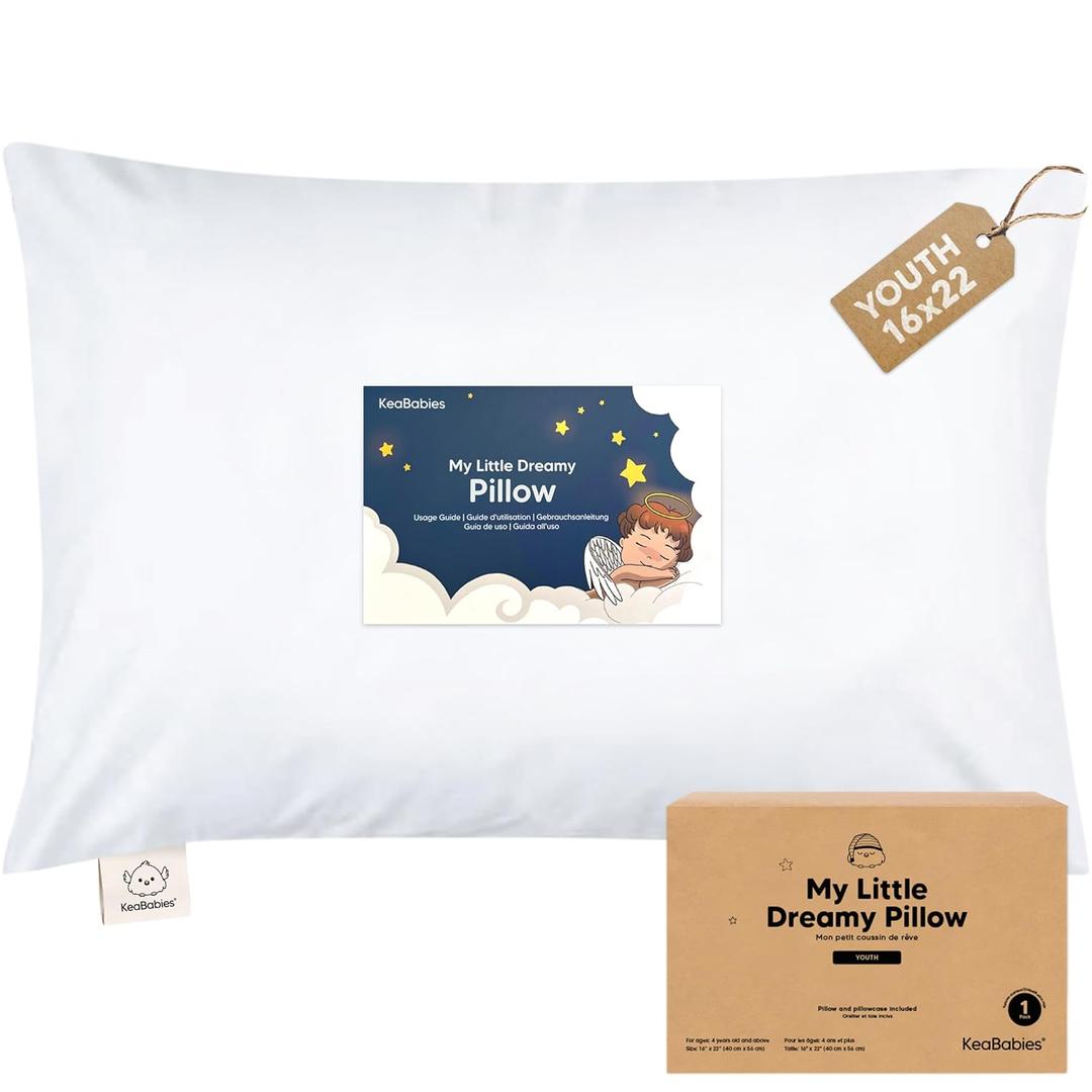 KeaBabies Youth Pillow with Pillowcase, 16x22 - Soft Organic Cotton Kids Pillows for Sleeping - Machine Washable, Perfect for Travel, School, Toddler Bed Set Age 4-10 (Soft White)