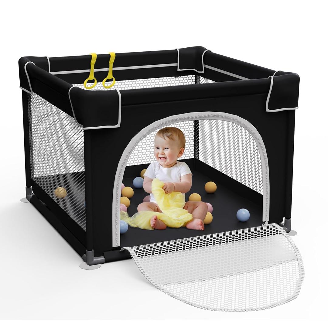Grobeybees Playpen for Babies and Toddlers, Small Baby Playpen, Playard with Bag, Indoor & Outdoor Play Pen, Sturdy Safety Baby Play Yard with Soft Breathable Mesh(Black, 36x36 inches)