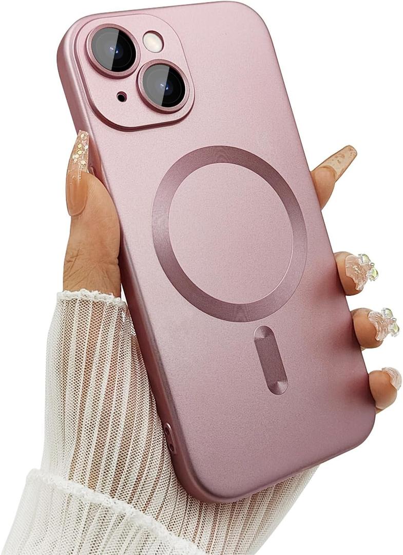 Magnetic case for iPhone 13 Phone Case for Women/Men, Matte Luxury Soft Metallic Luster Design with Camera Lens Protector, Compatible with Magsafe Case for iPhone 13 6.1"-Light Pink