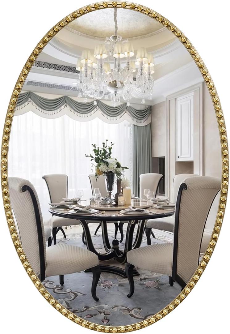 Gold Oval Bathroom Mirror, 24x36 Inch Floral Oval Mirrors for Wall, Antique Gold Metal Floral Frame Mirrors for Bedroom Living Room Hallway, Hangs Horizontally or Vertically