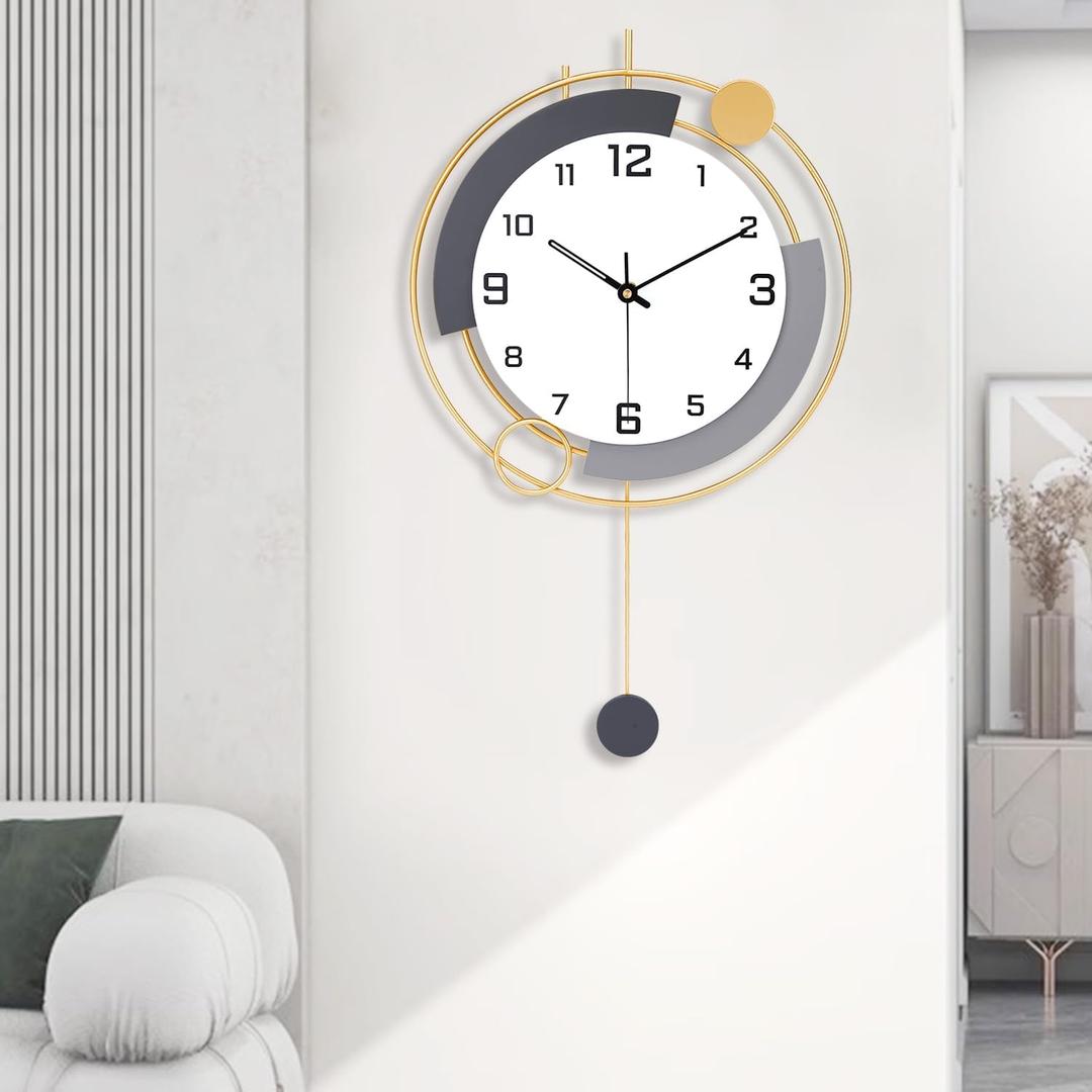 Decorative Wall Clocks with Pendulum,Silent Quality Quartz Battery Operated,Large Wall Clock for Living Room,Kitchen,Home,Bathroom,Bedroom Wall Decor,16x25.6inch (Golden)
