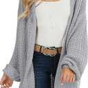 Maroway Womens Cardigan Solid Color Long Sleeve Open Front Chunky Knit Sweater Outwear (Large, Grey)