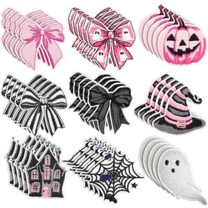 Lyrow 45 Pcs Halloween Bow Patches Pink Black Embroidered Sew on Patches Pumpkin Face Witch Hat Applique DIY Coquette Accessory for Clothes Pants Hats Jeans Decors