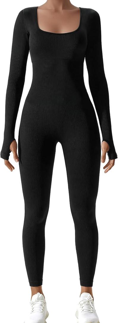 AURUZA Jumpsuits for Women Long Sleeve One Piece Jumpsuit for Women Workout Seamless Jumpsuits Exercise Tummy Control Rompers (Small)