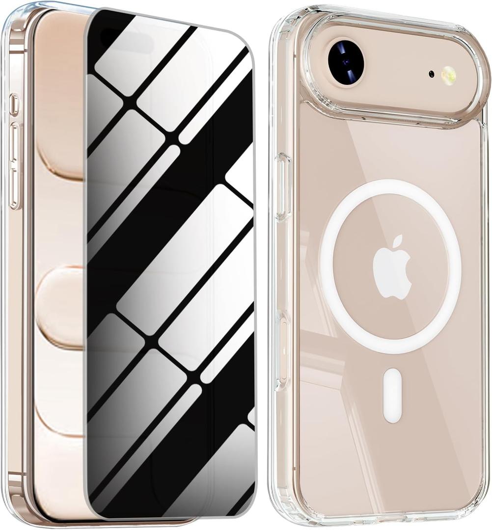 Magnetic for iPhone 17 Air Case with Privacy Screen Protector,iPhone Air [Non-Yellowing] Shockproof Clear Phone Case Compatible with MagSafe Women Girls for 17 air,Transparent