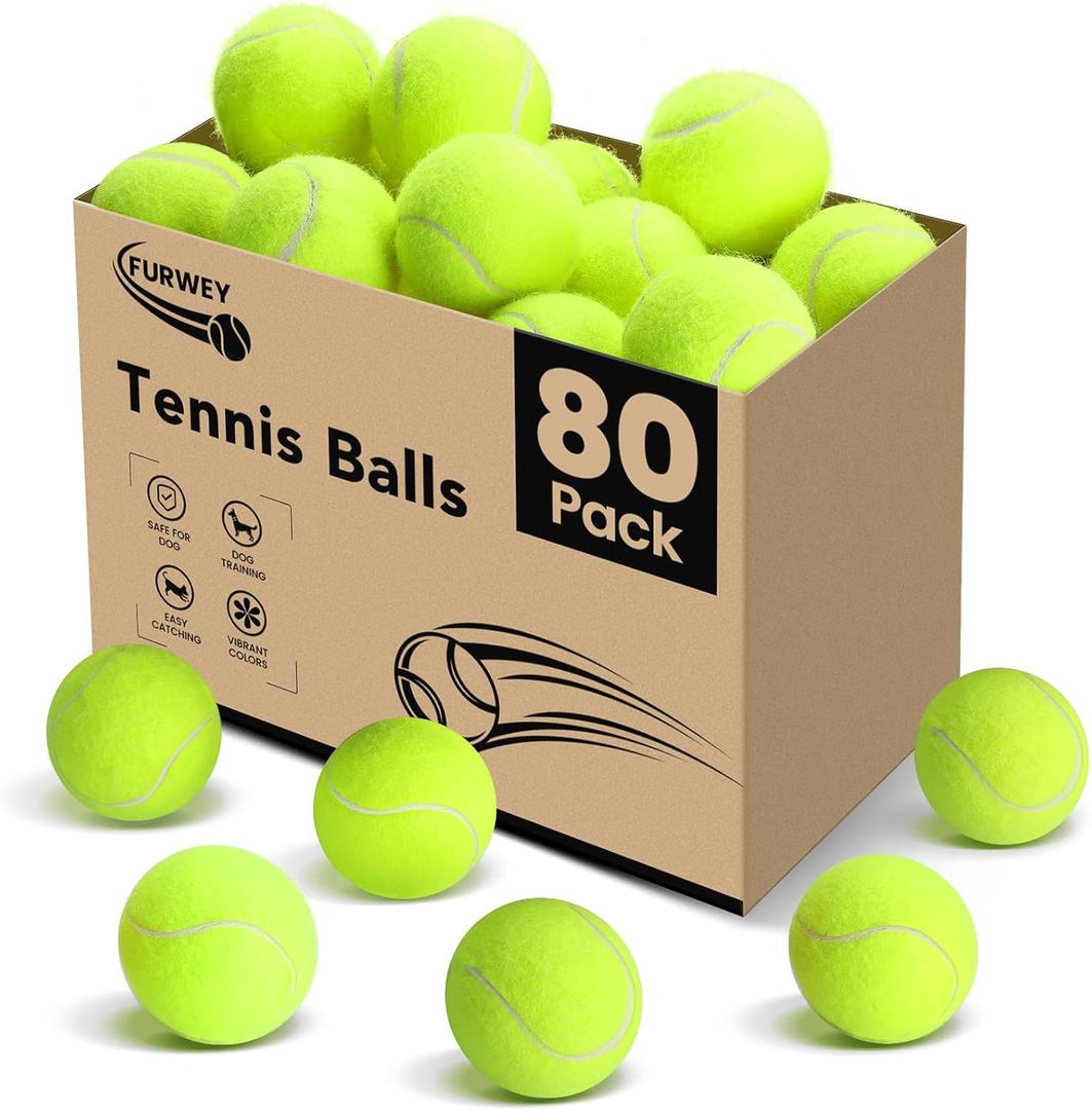 FURWEY Tennis Balls, 12/24/36/80 Pack Bulk Tennis Balls Pressureless Tennis Ball, Come with Mesh Bag for Easy Transport,Pet Dog Playing Balls, Good for Beginner Training Ball