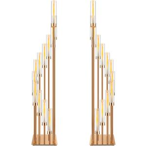 Dandat 2 Pcs 12 Arm Wedding Candelabras Candle Holder 57.5 Inch Tall Cluster Centerpieces Floor Candelabra Standing with Clear Acrylic Electronic Candle Shades for Birdal Shower Party Favors(Gold)