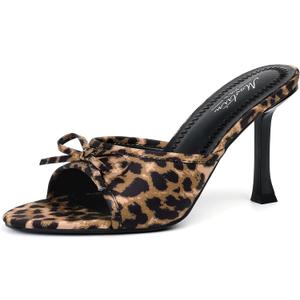 Mostrin Kitten Heels for Women Round Toe Heels With Bow Vintage Mules Sexy Slip on Stiletto Backless Sandals for Party Daily (9.5, Leopard)