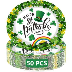QZYL 50 PCS St Patricks Day Decorations, Large Oval Paper Plates, Green Disposable Plates Irish Lucky Shamrock Dinner Plates Tableware Dinnerware St Patrick's Day Party Supplies Table Decor