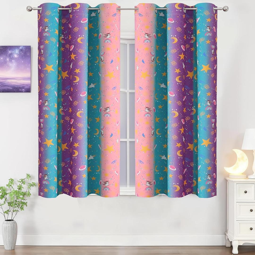 Estelar Textiler Pink Purple Teal Stars Moon Theme Blackout Curtains 45 Inch Long for Kids Bedroom, Tri-Color Unicorn & Rainbow Pattern Thermal Insulated Grommet Drapes for Kitchen, 2 Panels, 38Wx45L