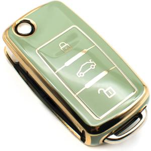 FEYOUN Key Fob Cover Compatible with VW Volkswagen Atlas Golf GTI Jetta Passat Tiguan Touareg Beetle Flip 3 Buttons TPU Remote Keyless Key Fob Case Protection Shell Accessories, Green