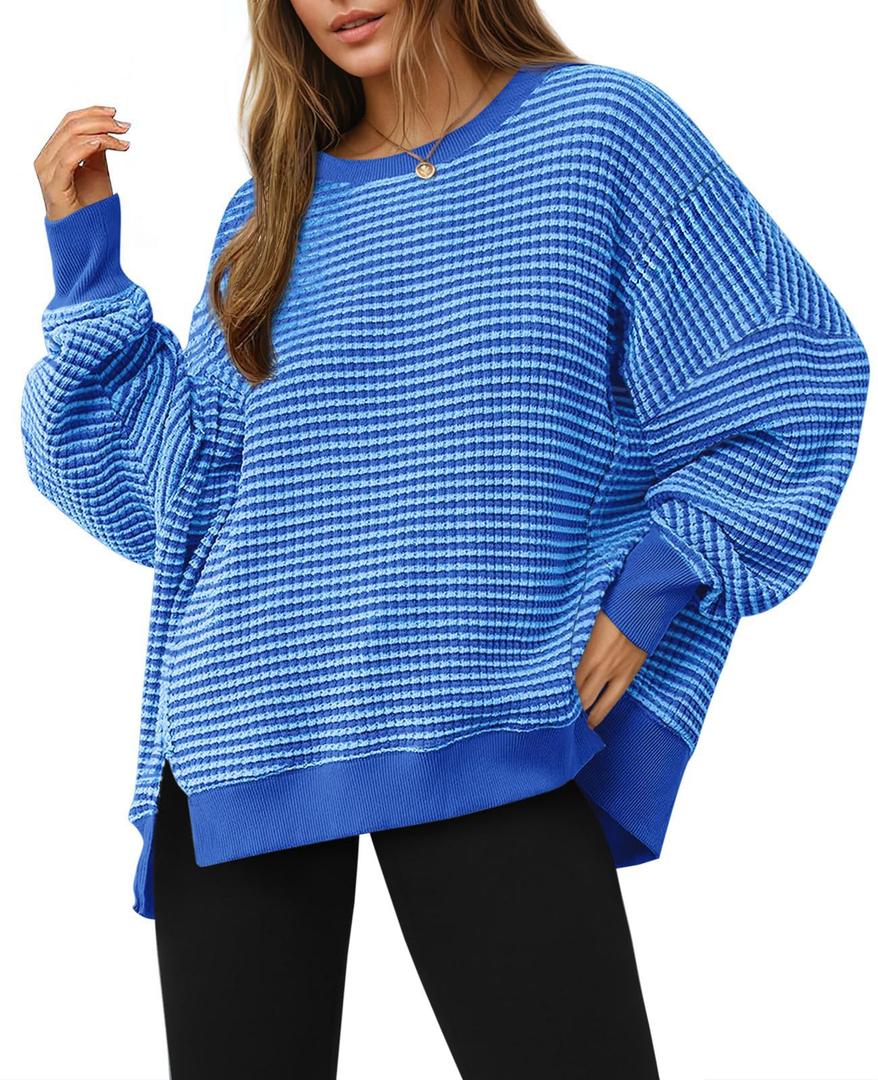 Fisoew Women's Fall Oversized Sweatshirt Casual Waffle Knit Long Sleeve Crewneck Split Pullover Tunic Tops L