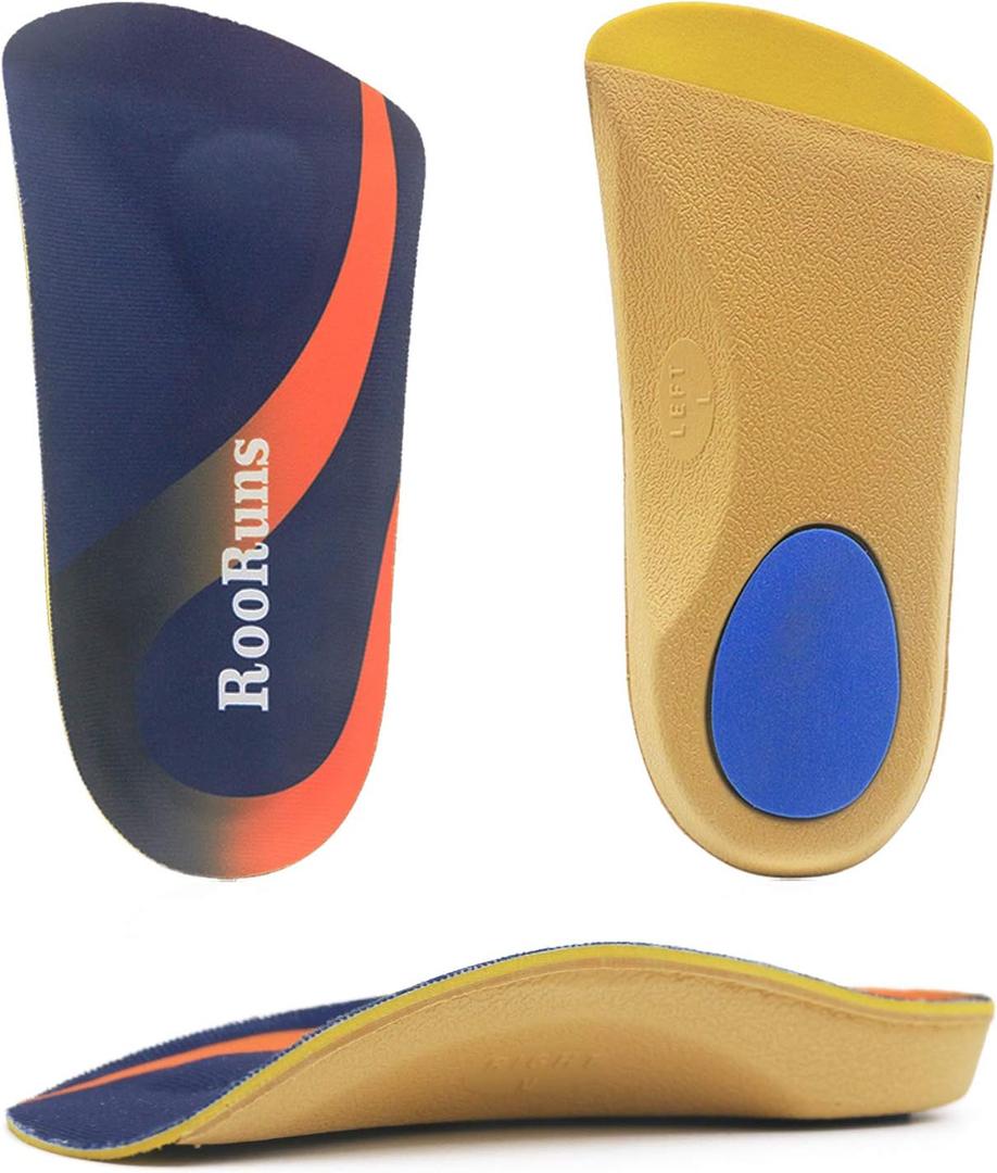 Arch Support, RooRuns 3/4 Orthotic Shoe Inserts for Over-Pronation, Plantar Fasciitis, Heel Pain Relief, High Arch Support Insoles for Men and Women for Running Walking (M (Men's7-10.5, Women's8-11.5))
