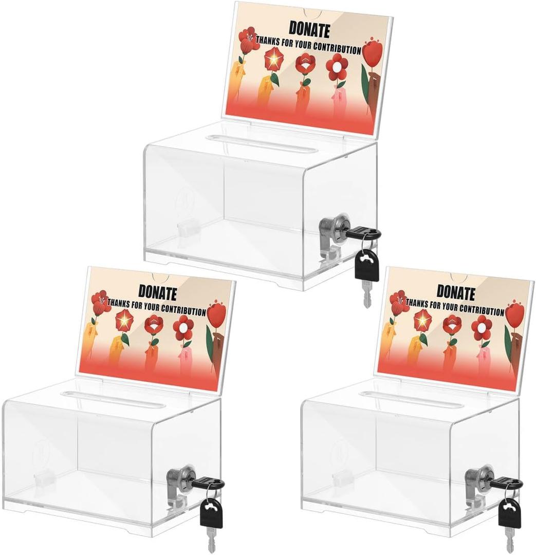 KYODOLED Clear Donation Box for Fundraising, Suggestion Box with Lock and Key, Raffle Box for Tickets with Sign Holder, Tip Jar for Event and Organization, 6.1"x4.3"x3.8", 3PACK(Sign Card Not Contain)