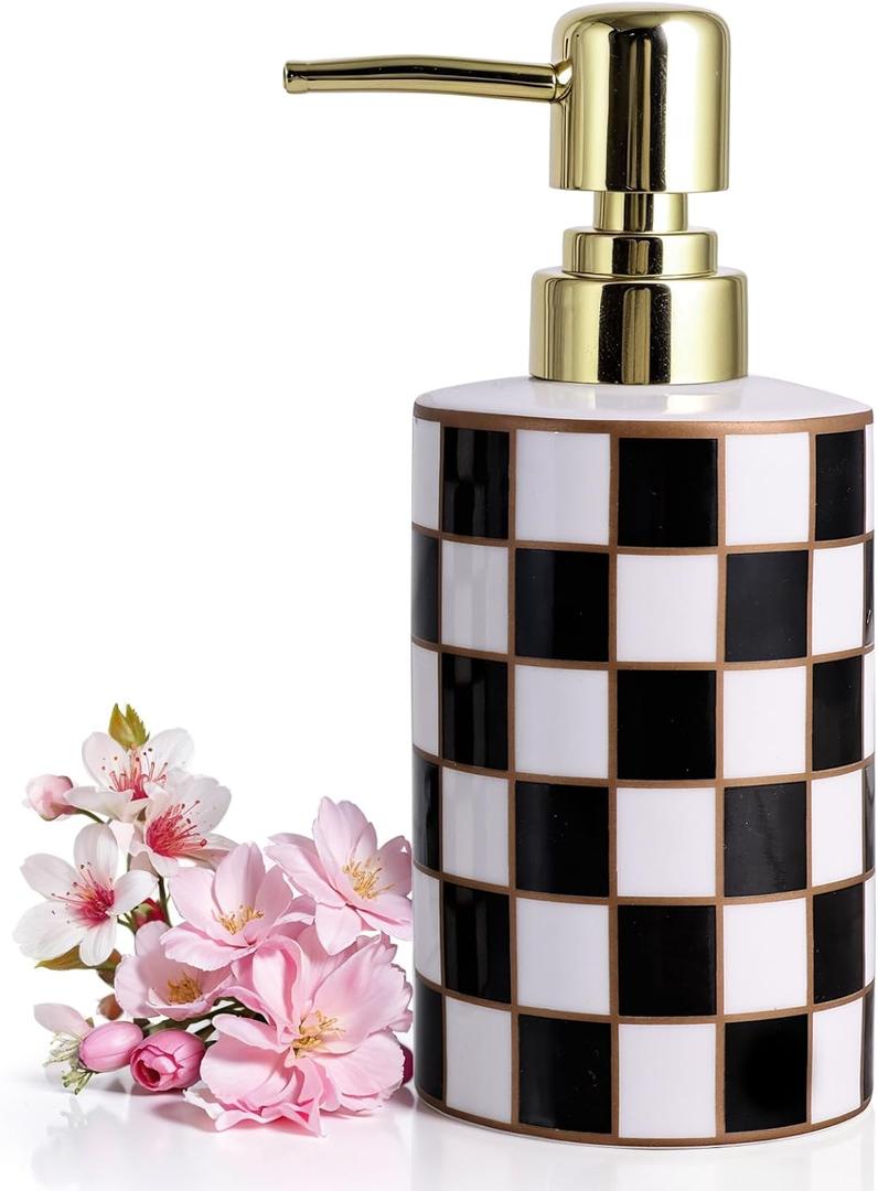 Checkered Bathroom Soap Dispenser,Gold Pump Ceramic Soap Dispenser,Kitchen Checkerboard Empty Pump Bottle,Bath Countertop Storage Organizer,Checkered Bathroom Decor (Black)