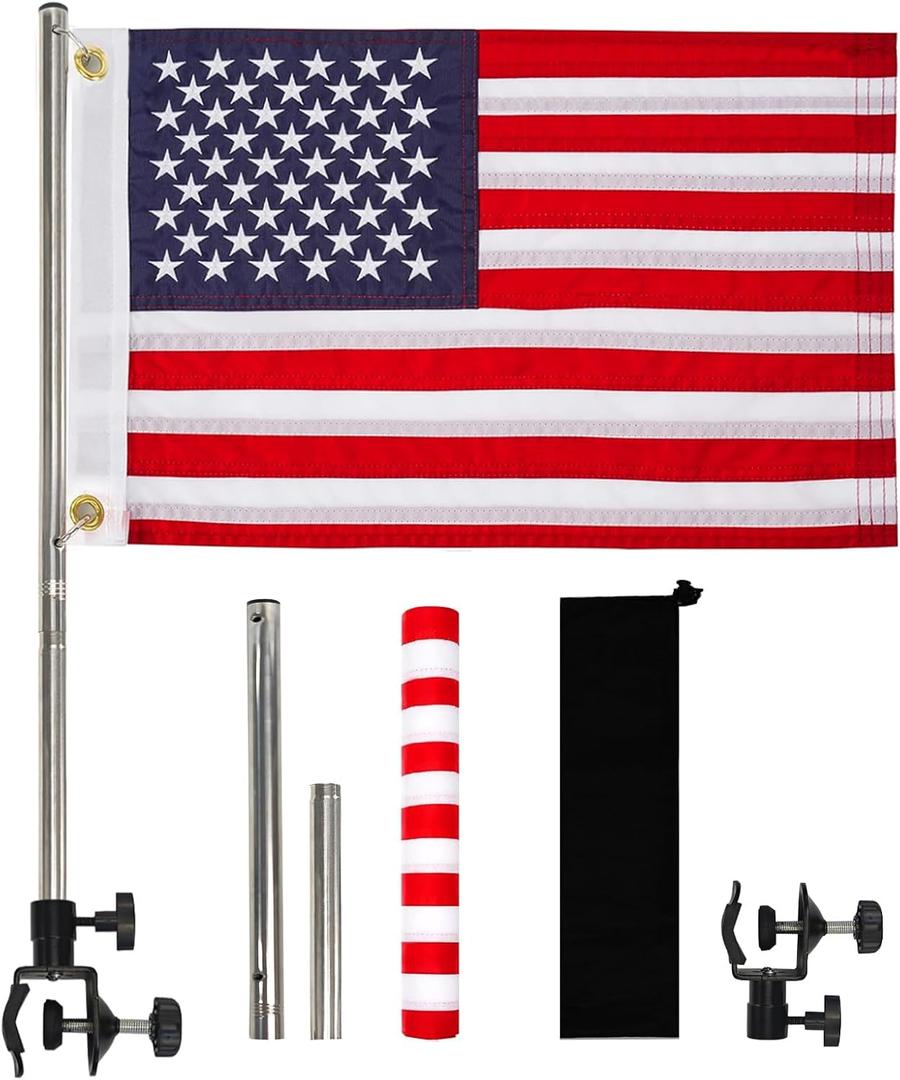 American Boat Flag Pole Kits Marine 12"x18", Stainless Steel Boat Flag Pole with 1x Storage Bag, Adjustable Flagpole Holder with 50 Embroidered Stars American Flag Boat Accessories