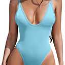 ESONLAR Women's Sexy Plunging V Neck Bathing Suit Open Back One Piece Swimsuits (Light Blue, Smal)