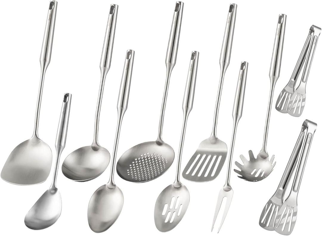 18/10 Stainless Steel Kitchen Utensils Set - 15 All Metal Cooking Tools, 11PCS - 2 Tongs, Fork, Solid Spoon, Slotted Spoon, Spatula, Soup Ladle, Skimmer, Slotted Spatula, Spaghetti Spoon, Large Spoon