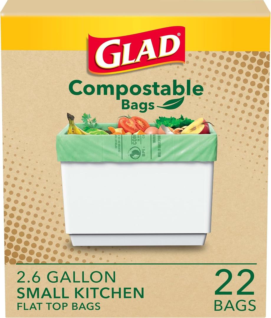 Glad Kitchen Compost Bags, 2.6 Gallon Small Flat Top Bags, Unscented, 22 Count (Package May Vary)