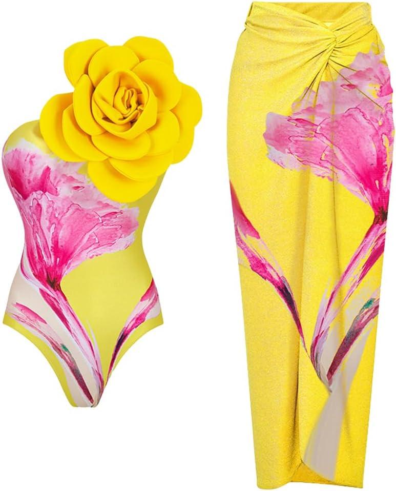 Women One-Piece Swimsuit with Cover up Wrap Skirt Sarong Bathing Suit Beach Outfit Summer (Small, Yellow 3d Flower Y316)