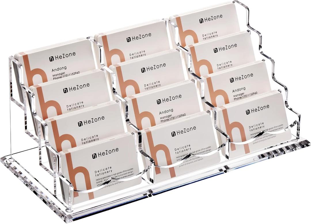 HeZone Business Card Holder Display for Desk, 12 Slot 4 Tier Multiple-Clear Acrylic Business Card Stand Set, Holds Approximately 600 Cards(12 Cell H)