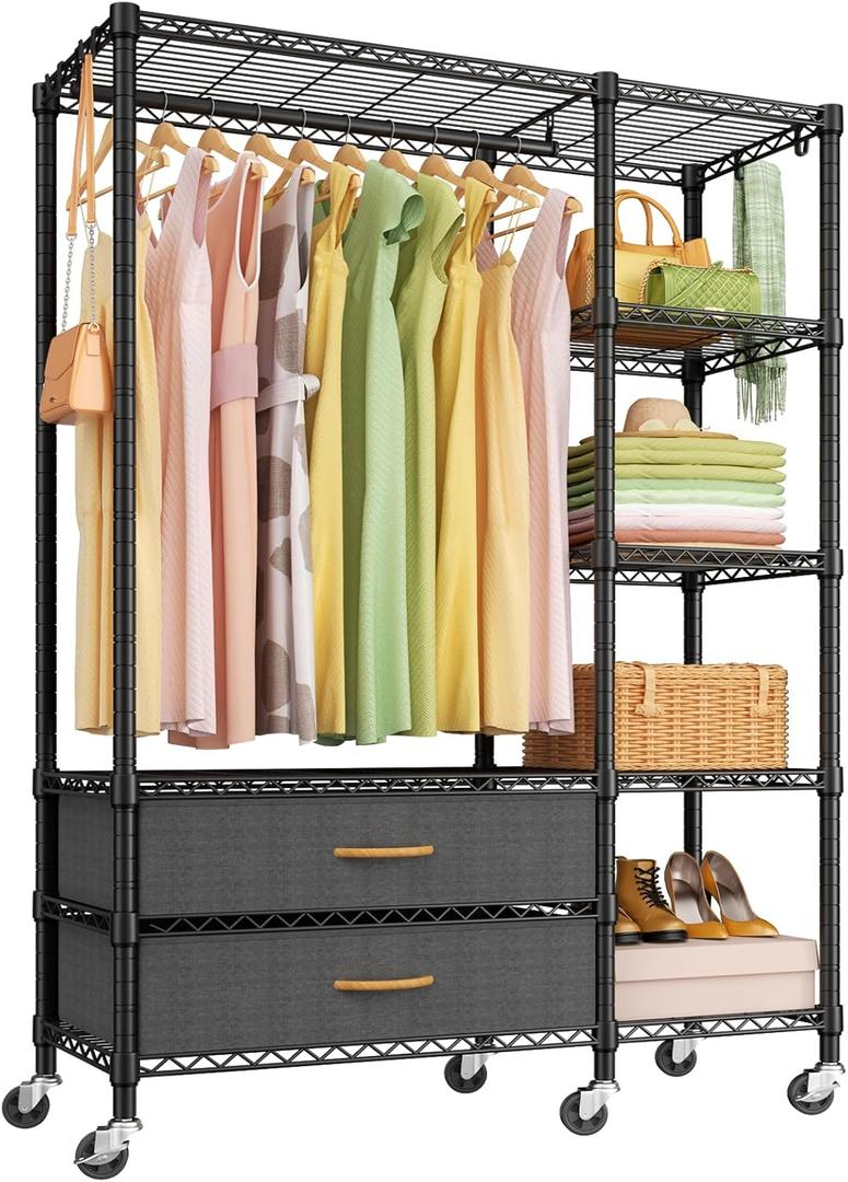 Ulif F3R Heavy Duty Clothes RackWith Lockable WheelsFreestanding Clothing Racks for Hanging ClothesAdjustable Closet Organizer SystemPortable Garment Rack 40"W x 15"D x 74"HMax Load 700LBSBlack
