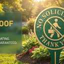 No Soliciting Thank You Yard Sign, Green and Gold Aluminum Metal Lawn Sign, Heavy-Duty 11.22" x 6.18" Round Sign with Raised Letters, Integrated Ground Stake for Easy and Stable Installation.