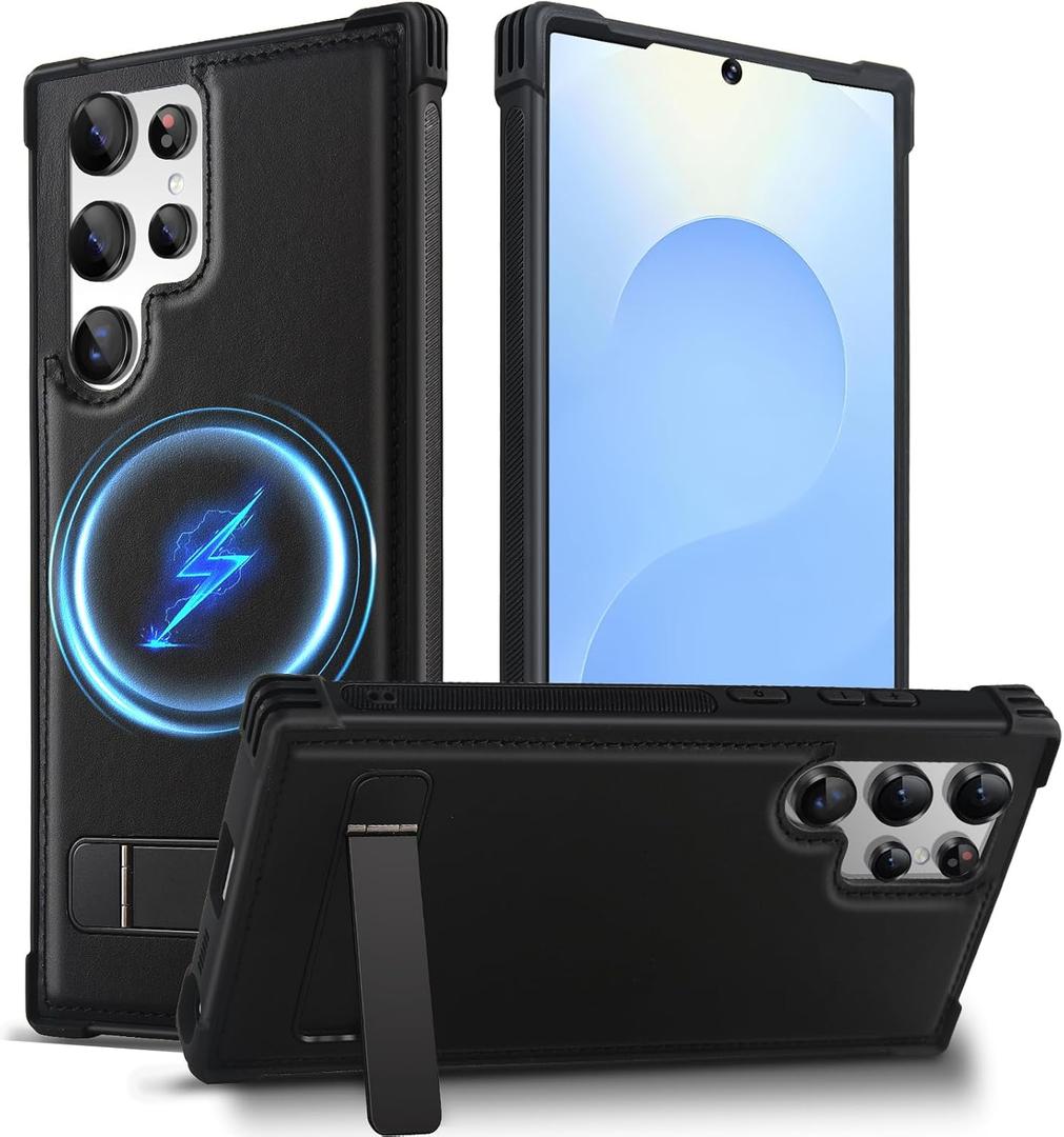 KEZiHOME for Samsung Galaxy S23 Ultra Case, Stronger Magnetic Phone Cover with Kickstand, Premium Genuine Leather Shockproof TPU Protection Bumper Design for Samsung S23 Ultra Cases (Black)