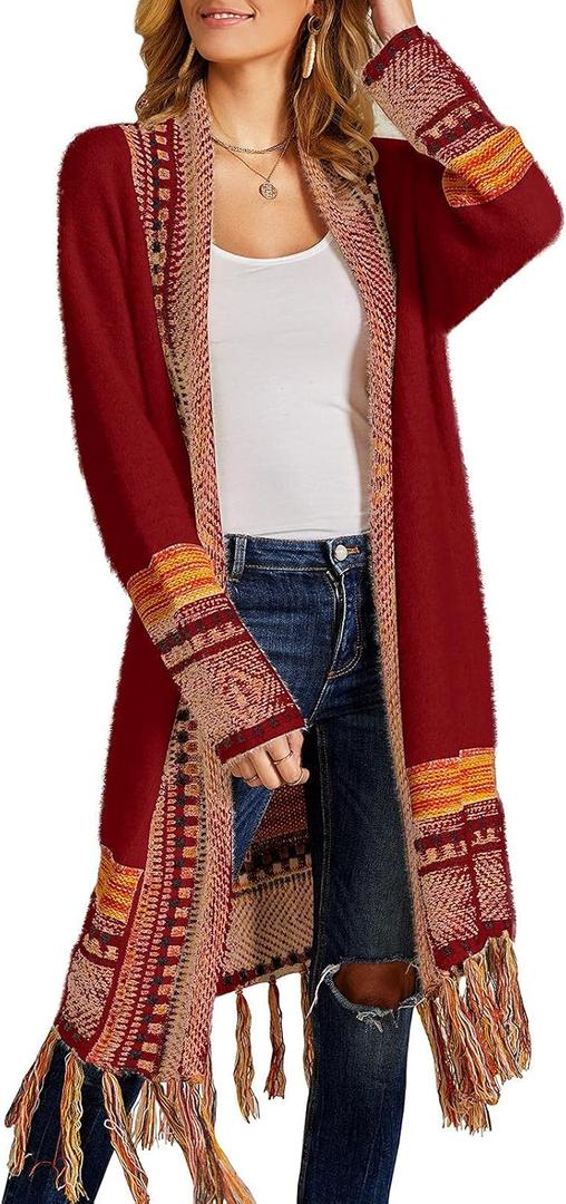 FERBIA Women Boho Cardigan Sweater Long Open Front Maxi Knit Sweaters Aztec Tribal Tassel Fringe Thin Coat (B-wine Red)