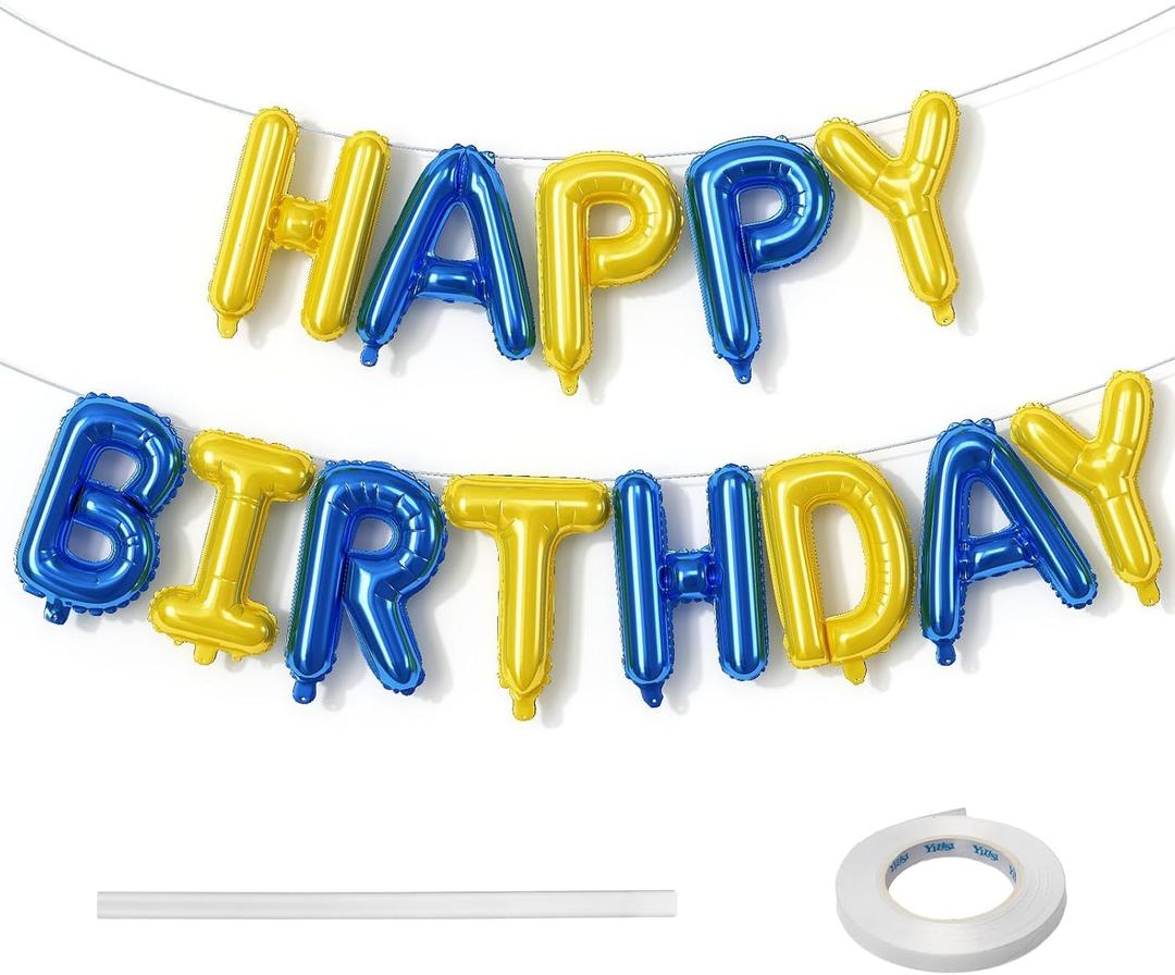 Blue and Yellow Happy Birthday Balloon Banner, 16 Inch Blue Gold Happy Birthday Bunting Banner Letter Foil Balloons for Boys Soccer Club Theme Cartoon Style Birthday Party Decorations Supplies