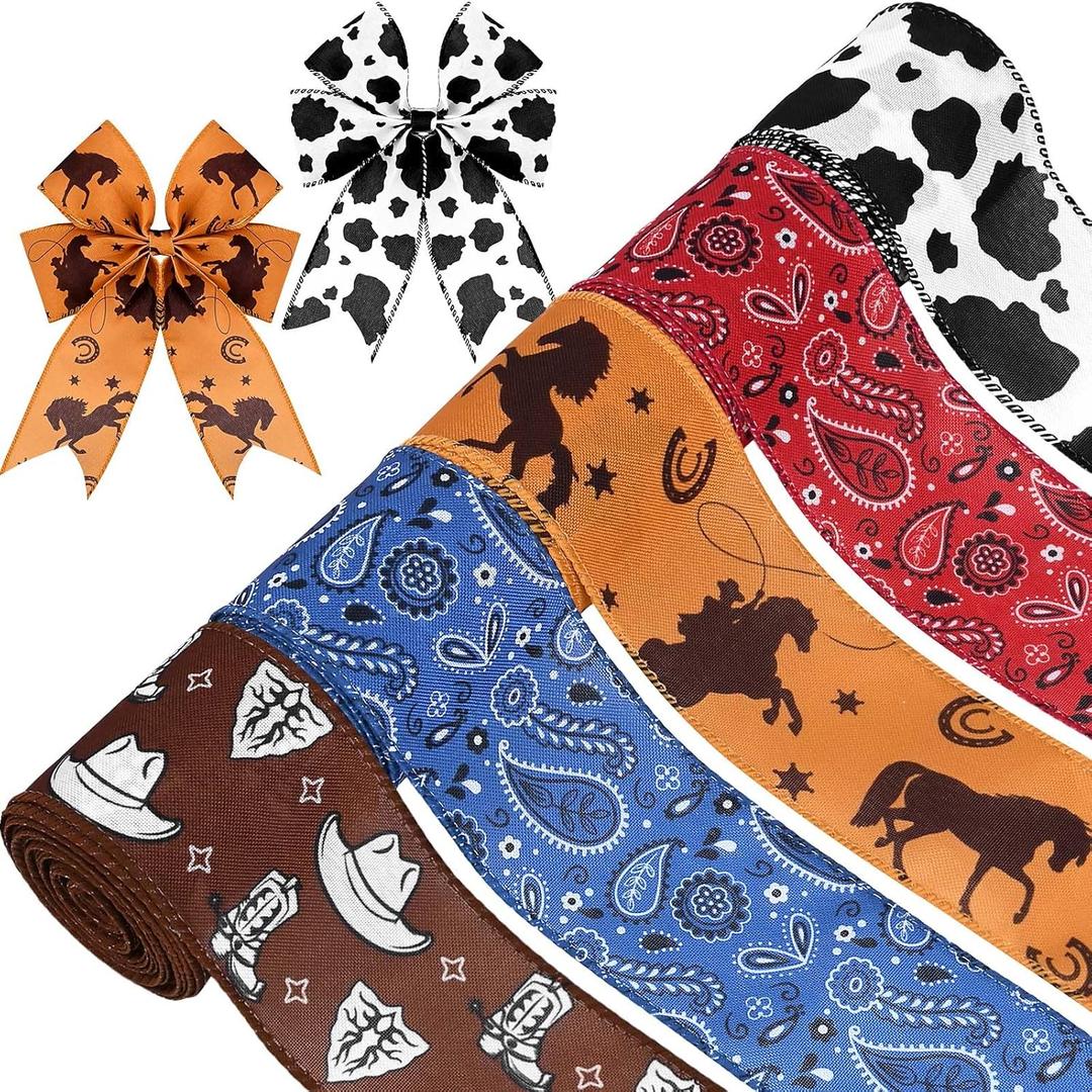 5 Rolls 25 Yards Cowboy Wired Edge Ribbon Blue Red Bandana Wildhorse Printed Fabric Ribbon for Gift Wrapping Bows Wreaths Making Crafts