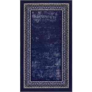 Antep Rugs Alfombras Bordered Modern 2x4 Non-Slip (Non-Skid) Low Pile Rubber Backing Kitchen Area Rug (Navy, 2'3" x 5')