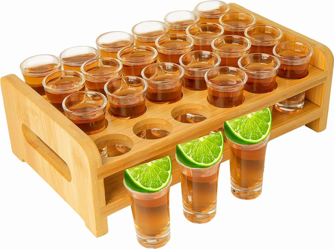 Shot Glasses Set 24pcs 0.5oz-0.66oz/15ml-20ml Mini Shot Glasses with Tray Holder Organizer Clear Glass Cups Glassware for Party Club Bar Spirit Tasting Tool Set of 24 (Crystal)