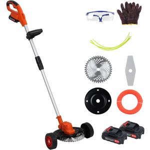 10 Inch Weed Wacker Battery Powered, 21V 2000mAh Brushless Motor Cordless Trimmer, 3-in-1 Lawn Edger with 2 Blades, Telescopic Rod & Safety Lock, Rechargeable Electric Weed Eater for Gardens