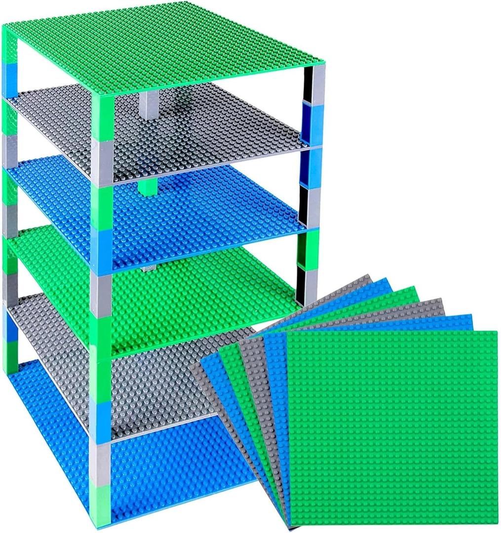 Strictly Briks Compatible with Lego Toy Building Block - Stackable Baseplates 10" x 10" Brik Tower for Ages 3 Years and Up, 6 Baseplates & 50 Stackers in Blue Green & Gray, 56 Pieces
