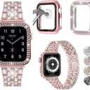 3-Pack Compatible For Apple Watch Band 38mm 40mm 41mm 42mm 44mm 45mm 46mm 49mm with Case, Bling Diamond Metal Band with Diamond Case + Screen Protective Cover For iWatch Series 10 9 SE 8 7 6 5 4 3 2 1 (Rose Pink, 41mm)