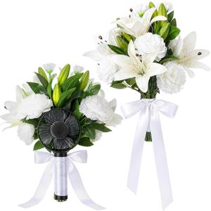 Tigeen Wedding Bouquet with Fan for Bride Bridesmaid, White Artificial Rose Lily Flowers Silk Bouquet Set for Bride Bridesmaid Wedding Engagement Bridal Shower Party