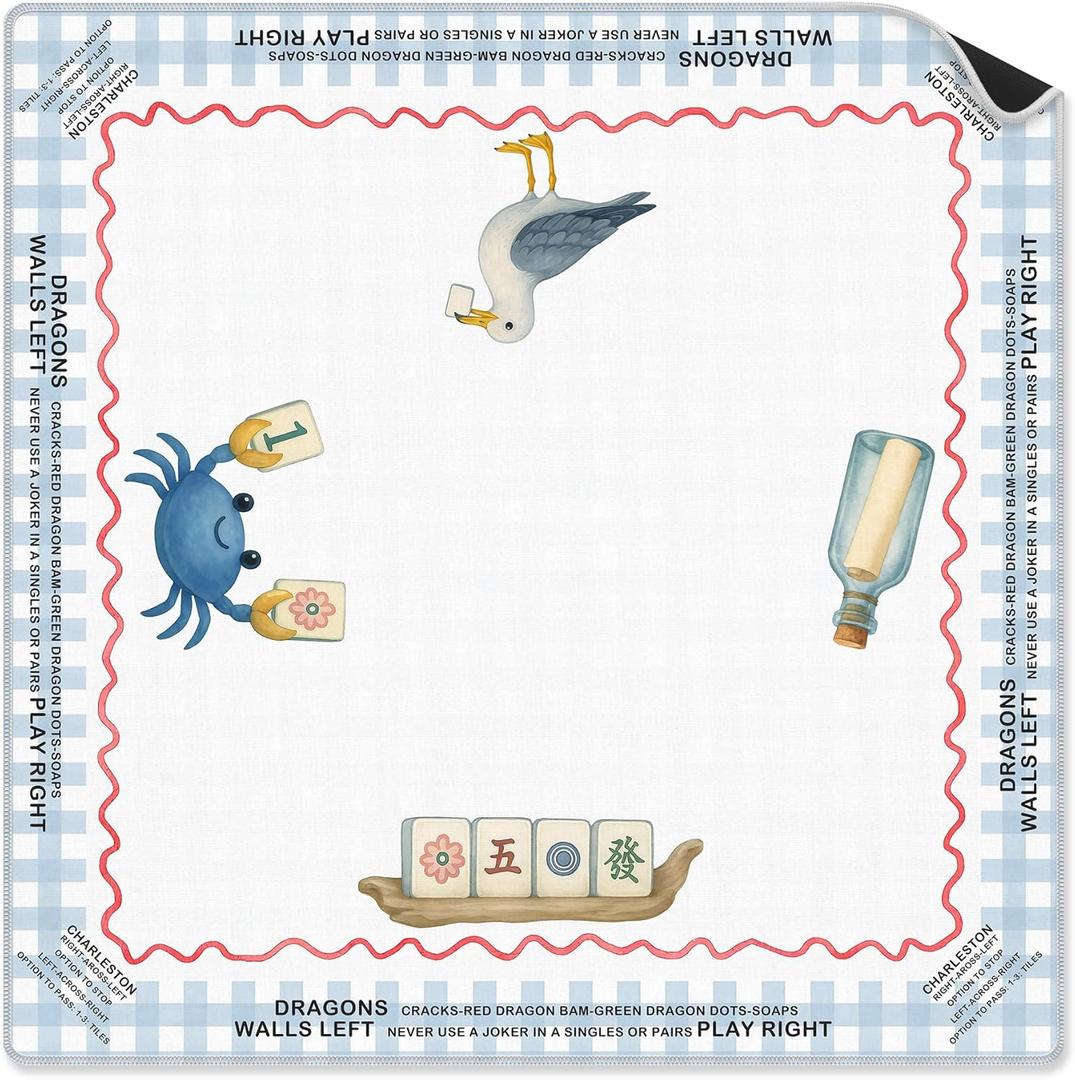 Coastal Beach Mahjong Mat 31.5 x 31.5 in, Blue and White Plaid Mahjong Mat for Table, Non-Slip Noise Reduction Game Table Cover Tablecloth for Card Poker Dominoes Dice and Board Games (Mahjong-marine Elements01)