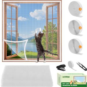 Adjustable DIY Cat Window Screen Fits Any Size Smaller Than 51"x 59", Self-Adhesive Reinforced Mesh Window Screen, with Ruler/Knife/Stapler Accessories (White)