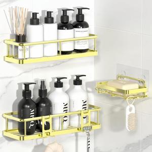 YASONIC Shower Caddy Adhesive, No Drill Bathroom Shower Organizers, with Removable Hooks and Soap Holder, Rust Proof Shower Shelves, Wall-Mounted Shower Holder, 3 Pack, Gold