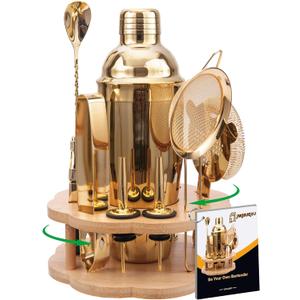 Cocktail Shaker Set Bartender Kit with Rotatble Bamboo Stand,11 Piece Bar Set Stainless Steel Bar Accessories for Drink Mixing, Bar, Home, Party (Gold)