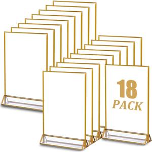 18 Pack Acrylic Sign Holder with Golden Border, 4 X 6 Clear Sign Holders, Double Sided Gold Picture Frame, Gold Flyer Holder Vertical Stand, Table Menu Stands for Wedding Tables Sign Display
