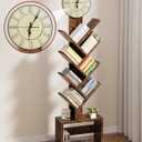 HIGDBFE 7 Tier Tree Bookshelf with Clock and Storage Cabinet, Small Narrow Floor Standing Bookcase for Bedroom, Living Room, Home Office, Rustic Brown