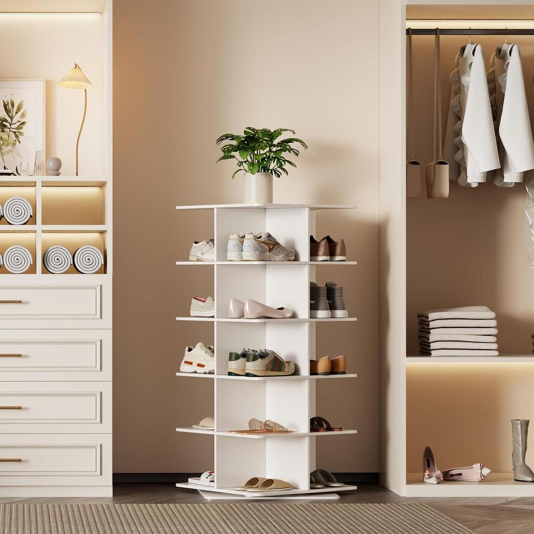 Rotating Shoe Rack Tower, PVC Material Structure, 5-Tier 360° Swivel Lightweight Shoe Organizer, Space-Saving Spinning Shoe Shelf for Entryway, Closet, Bedroom (White 21.6" W)