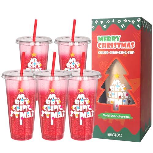 OZMOJOO Christmas Color Changing Cups with Lids and Straws, Reusable Tumblers for Cold Drinks, 5 Pack Holiday Gift Party Cups for Kids, Teens & Adults, 24 oz, Red